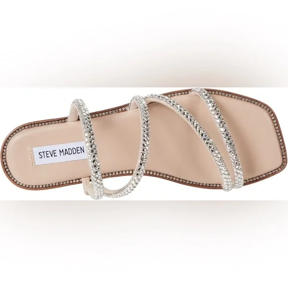 Steve Madden Starie Rhinestone Silver Strappy Square Toe Sandals Size 8.5 NWOT - Picture 2 of 9